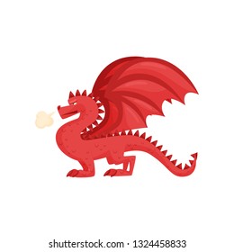 Red dragon with steam from the nose. Fantastic animal with large wings. Mythical creature. Flat vector design