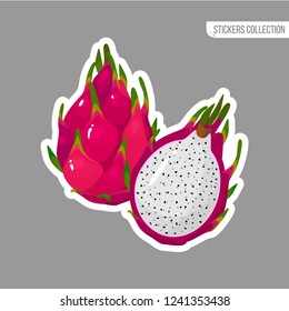 Red dragon sticker isolated on white background. Bright vector illustration of colorful half and whole of juicy Red dragon. Fresh cartoon