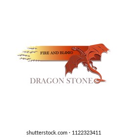 Red Dragon. DRAGON STONE. Mythical animal. Poster, emblem with text. An image of a fire-breathing dragon on a contrasting background. Design for textiles, printing on T-shirts, covers, dishes.