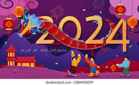 El dragón rojo se enreda alrededor del 2024 en un cielo morado con fuegos artificiales. Niños celebrando el año nuevo en el terreno.