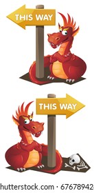 Red Dragon and This way signpost. Cartoon styled vector illustration. Elements is grouped for easy edit. No transparent objects.