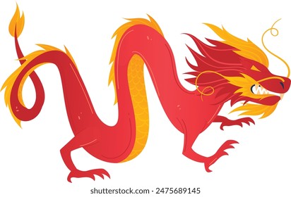 Red dragon traditional Chinese mythical creature isolated white background. Fiery dragon yellow mane red body cartoon art. Scaled claws whiskers flame tail illustrated beast