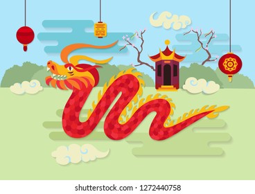 Red dragon and traditional oriental decorations. Festive chinese lanterns, pavilion, bushes and grass on background. Traditional asian culture mythological beast. Chinese New Year celebration.