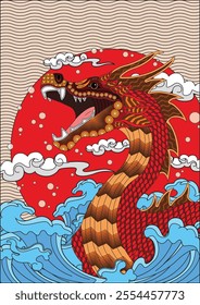 Red Dragon in water waves Beautiful color background Vector