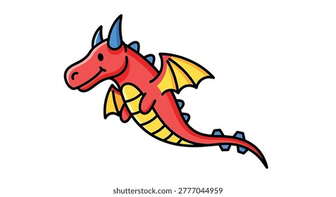 A red dragon with yellow wings flying