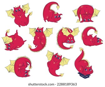 Criaturas Míticas Dragoncat Rojo. Vector Clipart de gatos adorables con alas y velas de la libélula