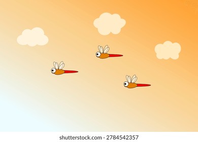 Red dragonfly flying in the sunset sky