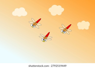 Red dragonfly flying in the sunset sky
