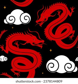 Red dragons with clouds in the starry sky. Seamless vector pattern. Chinese style illustration.