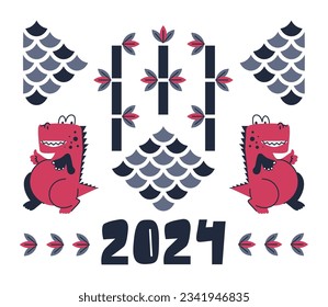 Los dragones rojos están bailando. Composición reflejada. Bambú estilizado. Carácter de horóscopo chino. Ilustración en un gráfico plano al estilo de las caricaturas. Texto escrito a mano 2024. Plantilla de banner.