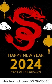 dragones rojos con linternas en las nubes sobre un fondo negro. Feliz Año Nuevo Chino. Tarjeta vectorial.
