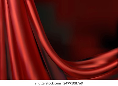 Red draped curtain 3d silk fabric horizontal banner. 3d red drapery cloth vector illustration with space for text. Silk satin red curtain background.Abstract background luxury cloth or wavy folds