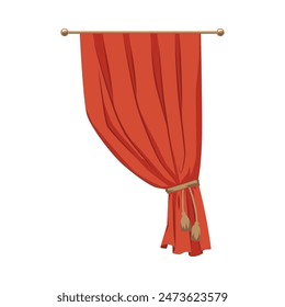 Cortina de cortinas rojas en la cornisa atada en el lado de borla dorada. Decoración textil de cortinas interiores de teatro o casa. Ilustración plana de Vector aislada en blanco