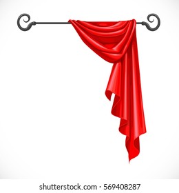 Red drapery hanging on forged cornice isolated on a white background