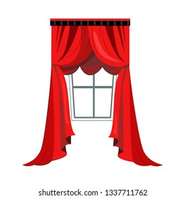 Red drapery with pelmets flat icon. Window, interior, living room. Curtains concept. Vector illustration can be used for topics like interior design, decor, home