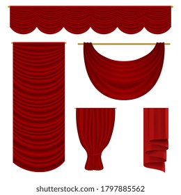 Red Drapery Set. Isolated Vector Realistic Velvet Textile Decoration Pelmet Drapery Design Collection. Luxury Top And Side Red Curtains Stage Interior Decor