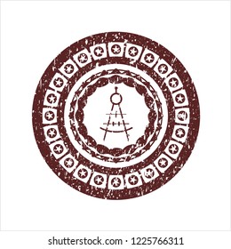 Red drawing compass icon inside rubber grunge texture seal
