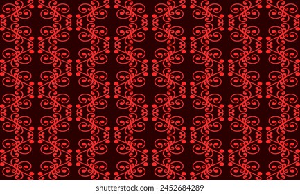 Red drawing flower as repeat pattern on black background, vector, replete pattern image designed for fabric printing, interior wallpaper 