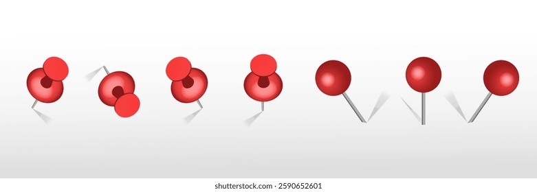 Red drawing pins isolated on white transparent background. Vector illustration.