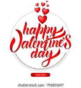 Red drawn art illustration of logotype "Happy Valentines Day" on white background with circle with red hearts for flyer, leaflet, booklet, brochure. Vector greetings for Valentines Day