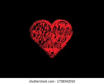 Rojo dibujado, roto, triste corazón sobre un fondo negro.