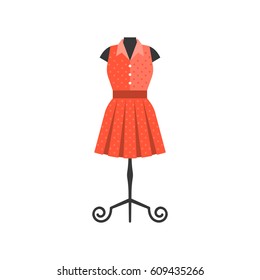 Red dress in black mannequin for tailor and boutique shop, flat design vector