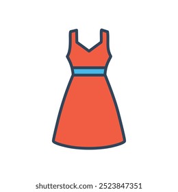 Red dress icon. Sleeveless red dress with a blue belt. Perfect for fashion icons, website design, and more.