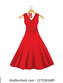 Red dress on a hanger with sale tag, vector