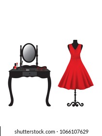 Red dress on mannequin and dressing table with makeup, vector