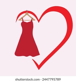 Vestido rojo en una percha de madera colgando en forma de corazón rojo