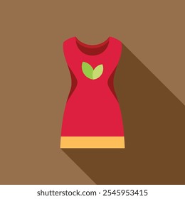 Red dress with short sleeves and green leaves logo promoting eco friendly fashion and sustainable clothing brands