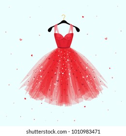 Red Dress for Valentine day party card. Vector Fashion illustration