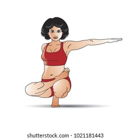 red dress young girl in yoga pose vector cartoon