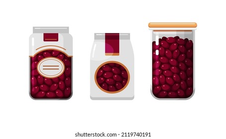 Granos secos rojos en papel, envases de plástico y recipientes de almacenamiento de alimentos para cocina. Conjunto de ilustraciones vectoriales coloridas aisladas en fondo blanco