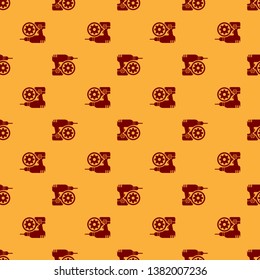 Red Drill machine and gear icon isolated seamless pattern on brown background. Adjusting app, service concept, setting options, maintenance, repair, fixing. Vector Illustration