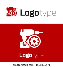 Red Drill machine and gear icon isolated on white background. Adjusting app, service concept, setting options, maintenance, repair, fixing. Logo design template element. Vector Illustration