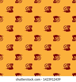 Red Drill machine with screwdriver and wrench icon isolated seamless pattern on brown background. Adjusting, service, setting, maintenance, repair, fixing.  Vector Illustration
