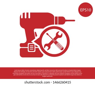 Red Drill machine with screwdriver and wrench icon isolated on white background. Adjusting, service, setting, maintenance, repair, fixing.  Vector Illustration