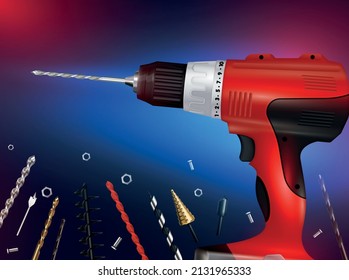 Red drilling machine and scattering of various types of augers nuts bolts realistic gradient background vector illustration