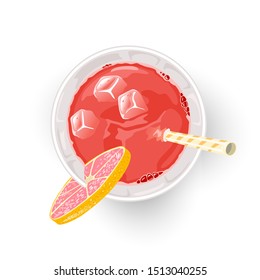 Red drink from freshly squeeze grapefruit juice and other ingredient in glass cup with ice cubes, straw. Alcoholic cocktail or mocktail. Vector cartoon illustration isolated on white. Top view.