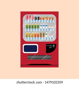 Red drinking water vending machine of Japan with beverage in refrigerator on cream background.