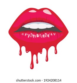 Red dripping female lips. Lipstick drips. Sexy woman mouth.