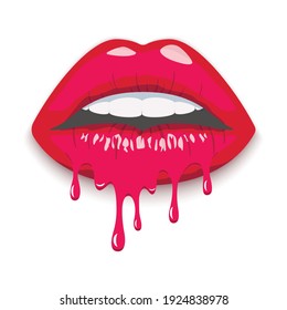 Red dripping female lips. Lipstick drips. Sexy woman mouth.