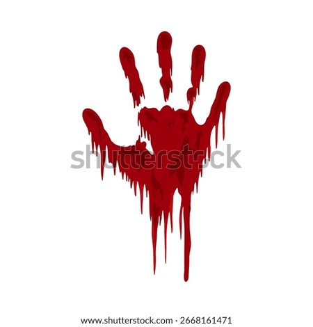 Red dripping handprint with realistic horror feel. Used in spooky graphics, thriller design, or Halloween-themed compositions with blood smear effect.