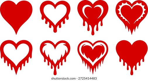 rote tropfende Herz Silhouetten und blutende Liebe Symbole setzen Vektorgrafik