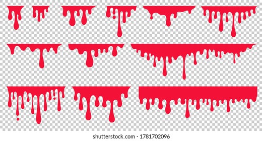 Red dripping paint, looking like drip of blood or ketchup. Set of abstract liquid stain elements for halloween decoration. Flat vector illustration of splash ink flows