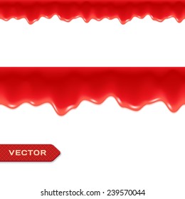 Red Drips. Seamless Border. Strawberry or Raspberry Jam or Ketchup. Vector.