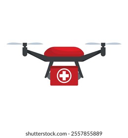 Red drone is flying and carrying a first aid kit