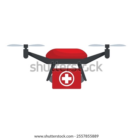 Red drone is flying and carrying a first aid kit