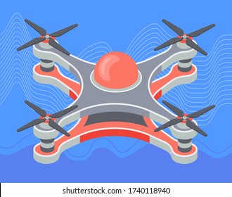 Red drone flying closeup at skyvector, isolated device with propeller flight of new technologies. Flat style gadget with wings and core. Aviation and aerial items, helicopter illustration of aero